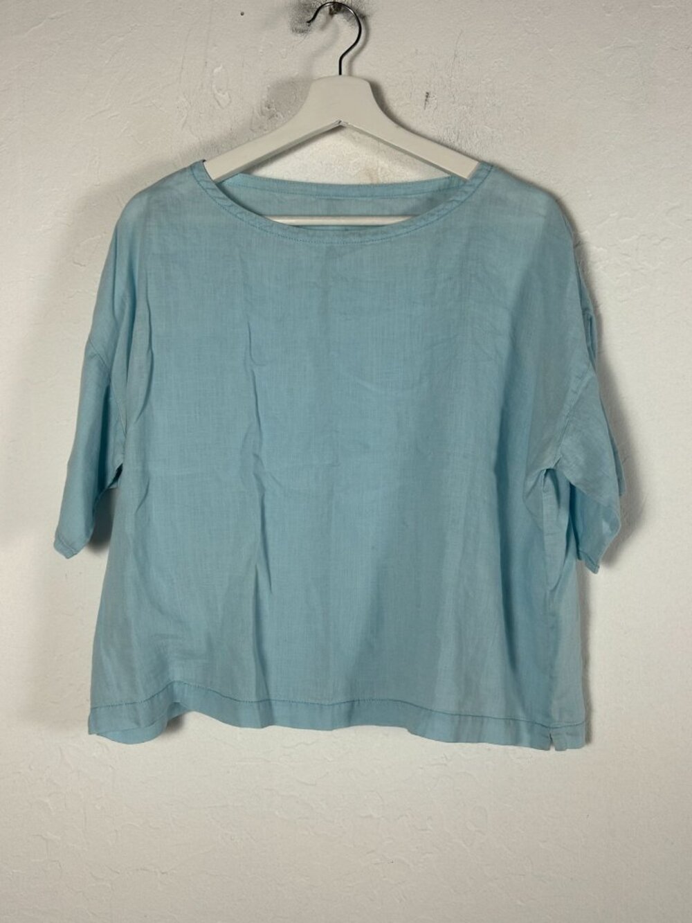 Eileen Fisher Womens Organic Linen Breezy Blue Relaxed Fit Top Short Sleeve